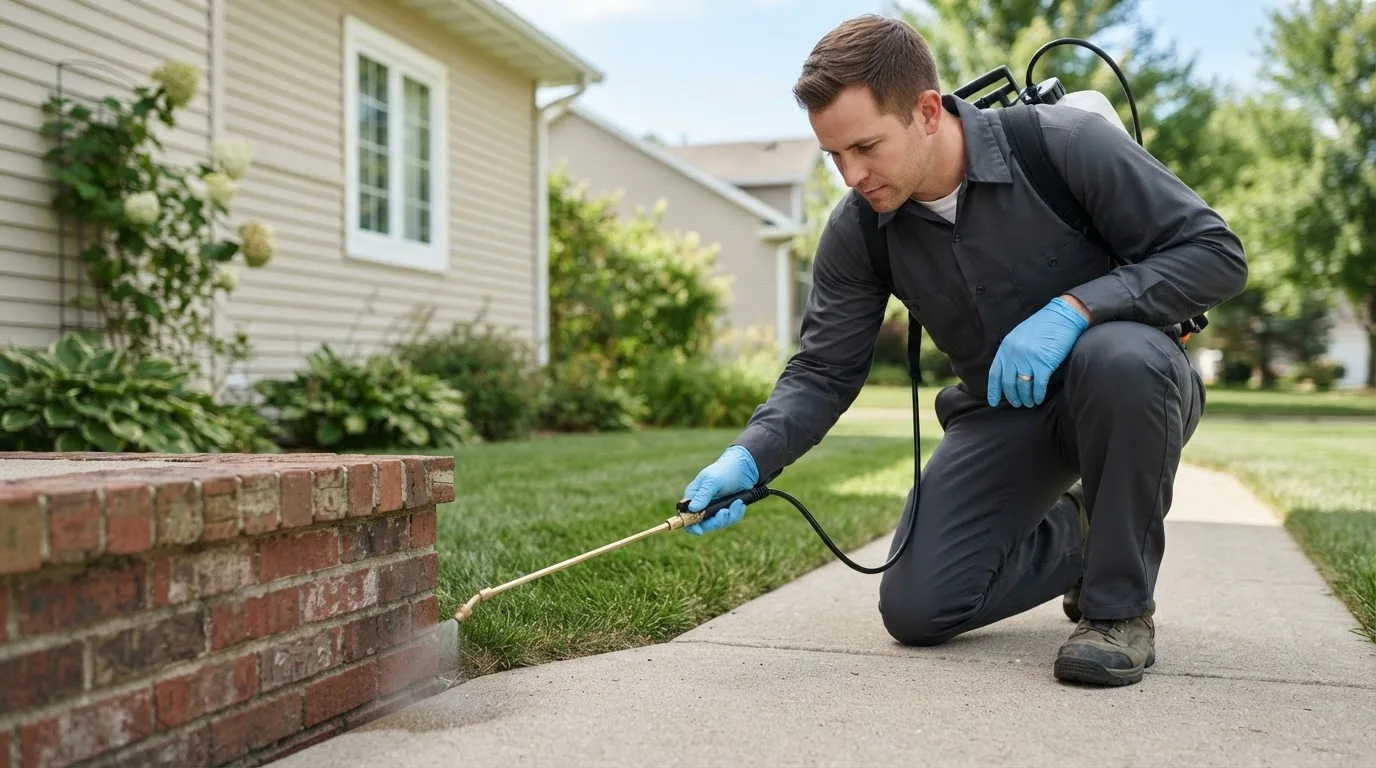 Pest control technician treating a home near Dupont, IN
